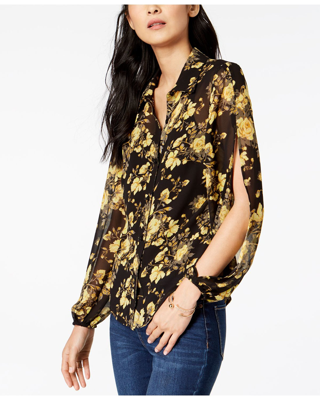 INC International Concepts Womens Floral Print Split Sleeve Top