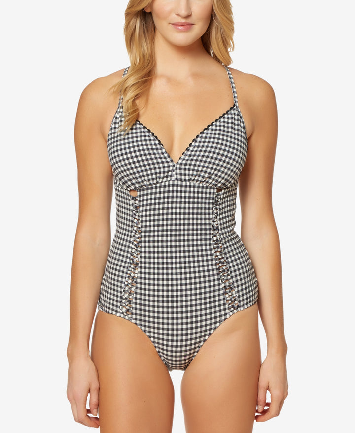 Jessica Simpson Womens Gingham Print Lace Up One Piece Swimsuit