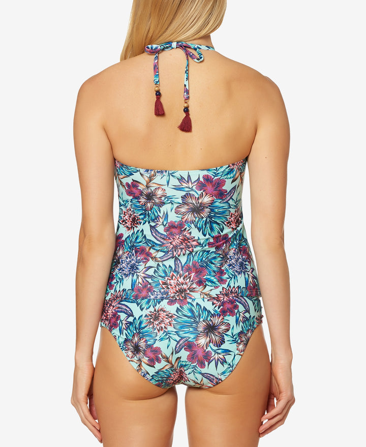 Jessica Simpson Womens Printed High-neck Keyhole Tankini Top