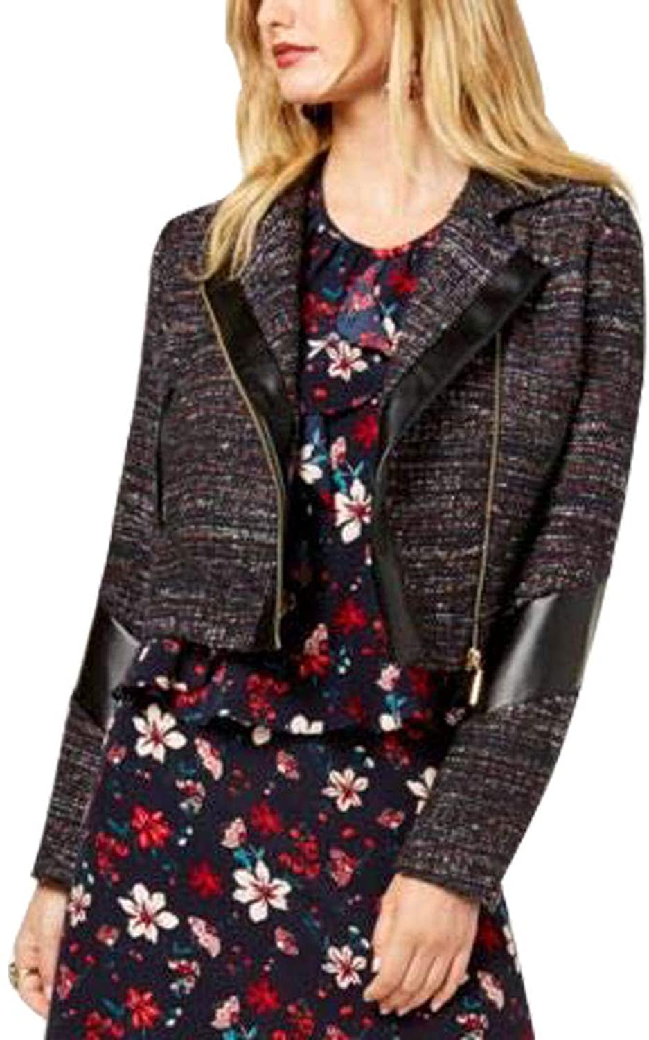 RACHEL ZOE Womens Faux Leather Moto Tweed Jacket